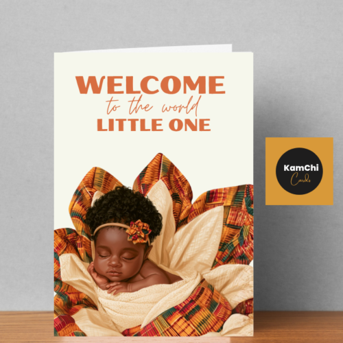 New Baby Girl Card | Sleeping Black Baby Girl in African Print | Welcome to the World Little One