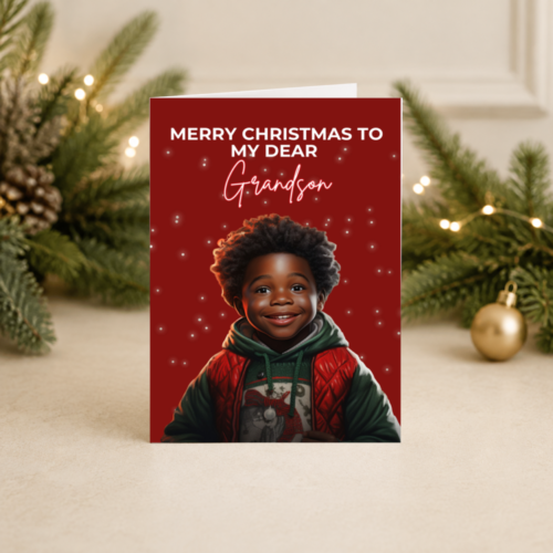 Young Son Christmas Card | Joyful Black Boy Portrait | Festive Red Design