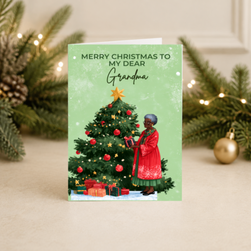 Grandmother Christmas Card | Elegant Older Black Woman by Christmas Tree