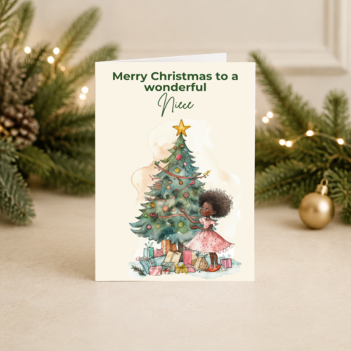 Daughter Christmas Card | Black Girl Seated by Tree | Soft Festive Illustration