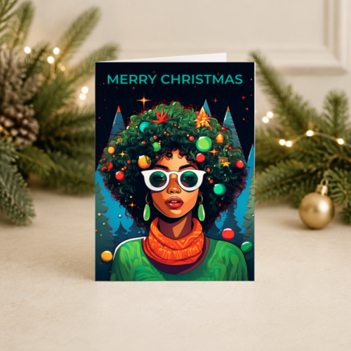 Stylish Black Woman Christmas Card | Bright Fashion Portrait | Festive Glasses