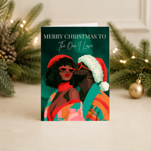 Colourful Couples Christmas Card | Couple Wearing Sunglasses and Santa Hats | Partner, Girlfriend or One I Love