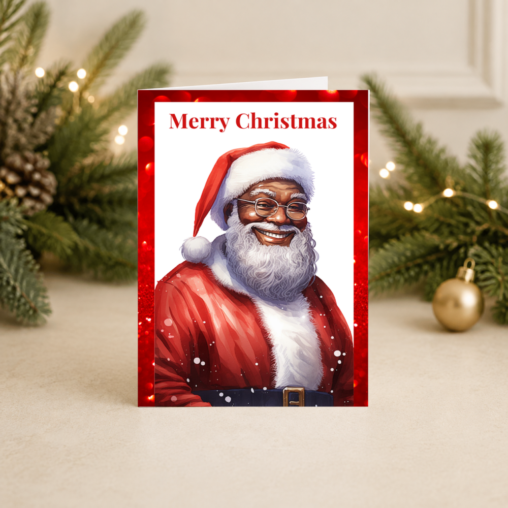Black Santa Christmas Card | Classic Red Father Christmas Portrait