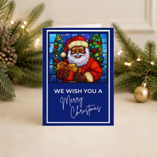 Stained Glass Black Santa Christmas Card | Navy Artistic Festive Design