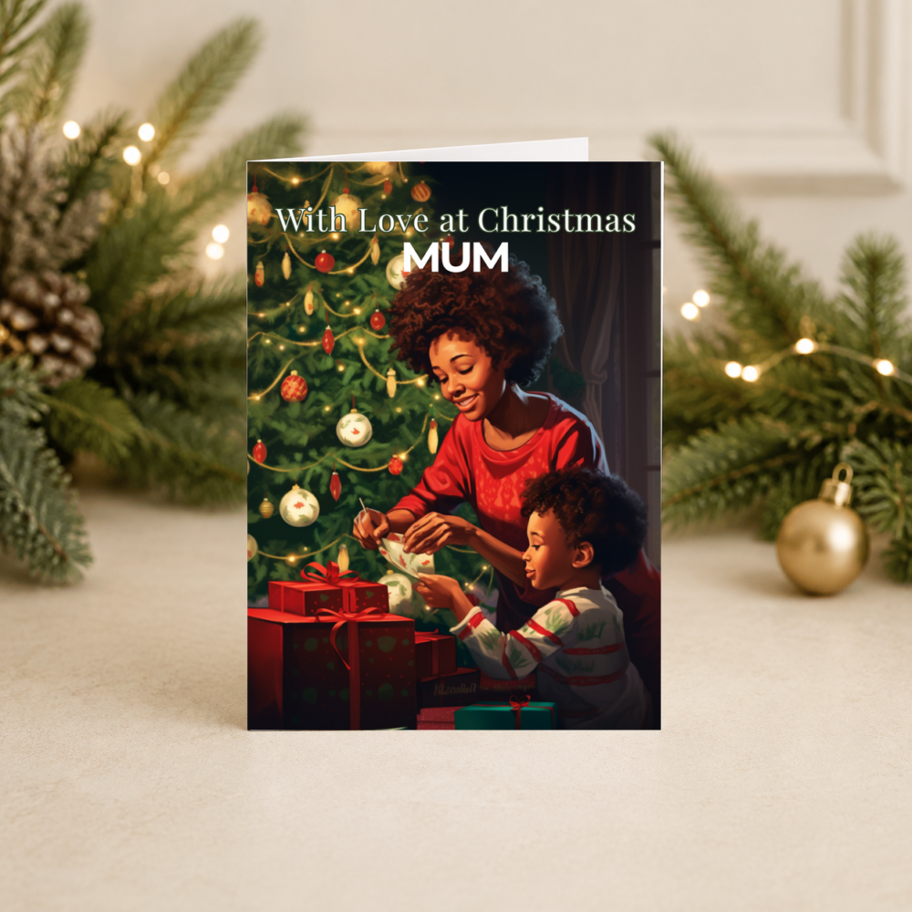 Mum Christmas Card | Black Mother and Child by Tree | Heartfelt Festive Design