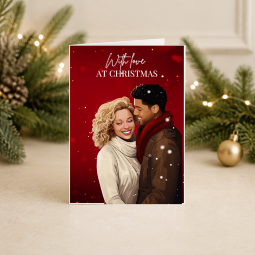 Mixed-Race Couple Christmas Card | With Love | Romantic Red Snowfall