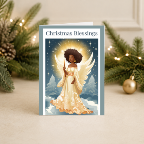 Christmas Blessings Card | Black Angel | Serene Blue and Gold Design