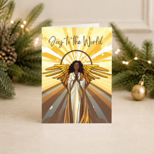 Joy to the World Christmas Card | Black Art Deco Angel | Gold Religious Design