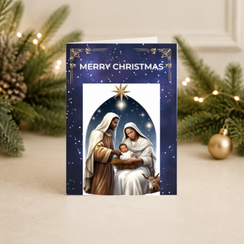 Black Nativity Christmas Card | Holy Family | Navy and Gold Religious Design