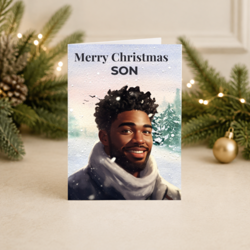 Son Christmas Card | Contemporary Black Man Winter Portrait | Festive Design