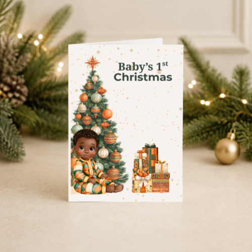 Black Baby Boy First Christmas Card | African Print Milestone Design