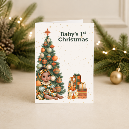 Black Baby Girl First Christmas Card | African Print Milestone Design