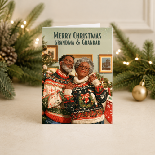 Mum and Dad Christmas Card | Joyful Older Black Couple at Home | Grandma and Grandad Card