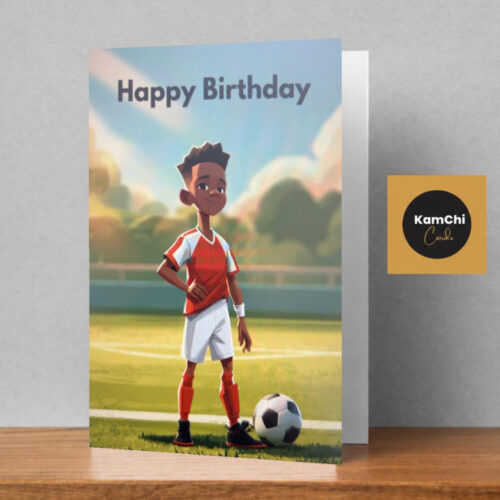 Black Boy Football Birthday Card | Red Kit Sports Design