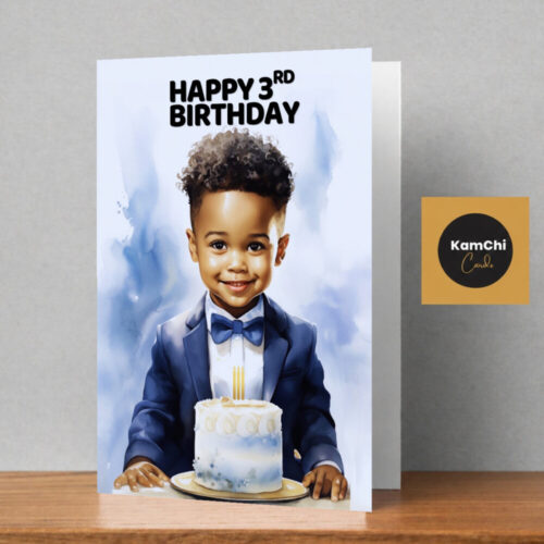 Young Black Boy 3rd, 4th or 5th Birthday Card | Smart Suit and Birthday Cake Design
