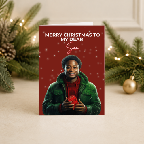 Adult Son Christmas Card | Stylish Black Man with Gifts | Festive Card