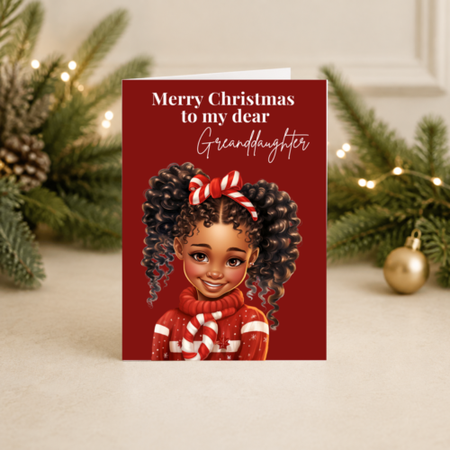 Young Daughter Christmas Card | Cheerful Black Girl Portrait | Festive Red