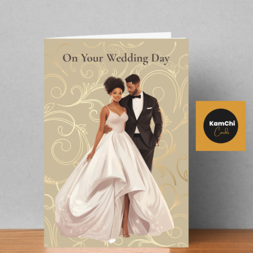 Black Couple Wedding Card, African Caribbean Bride and Groom, On Your Wedding Day Card, Elegant Diverse Wedding Card