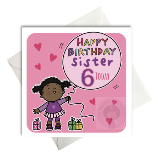black brown girl with big balloon birthday card