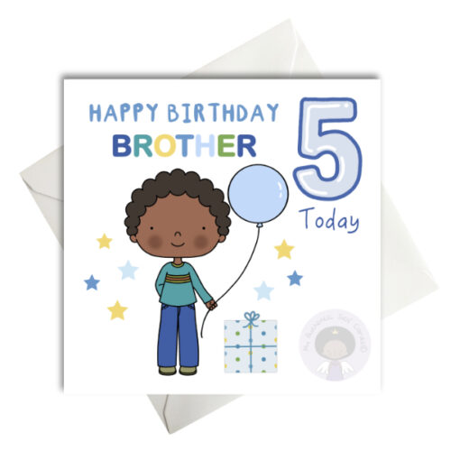 brown black boy with blue balloon present birthday