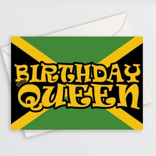 Bold yellow birthday queen text with Jamaican flag in background with crown on the Q and a plain envelope in the background